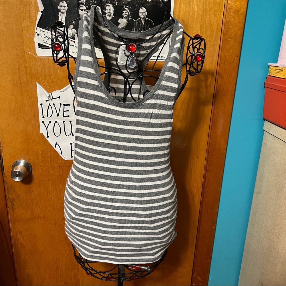 BCBG max azria gray white striped tank long length size small